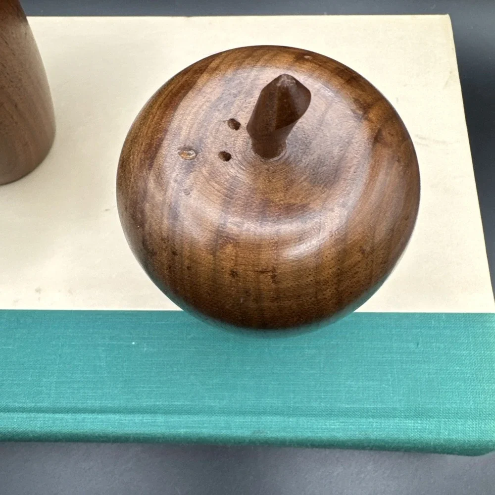Salt & Pepper Shakers Set Carved Apple Wood w Cork‎ Stoppers Vintage 60s MCM